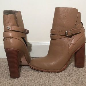 Cynthia Vincent camel leather block heel boots